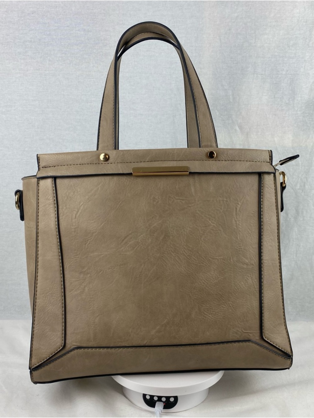 Taupe Structured Tote Bag with Gold Accent